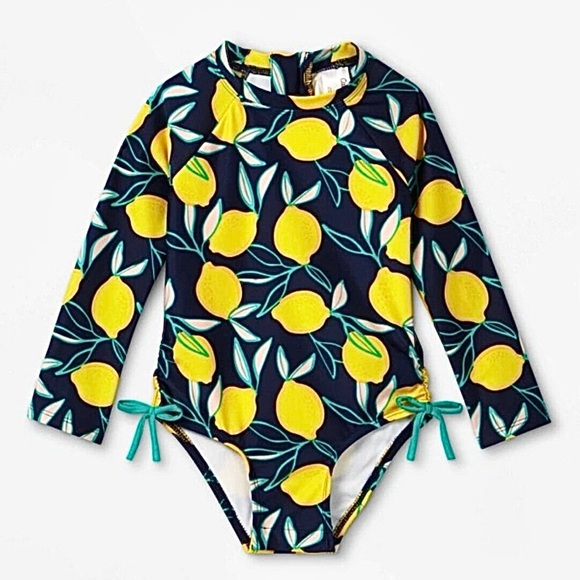 CAT & JACK 🍋 Girls’ Lemon Print Long Sleeved One Piece Rashguard Swimsuit | 2T - Picture 1 of 11